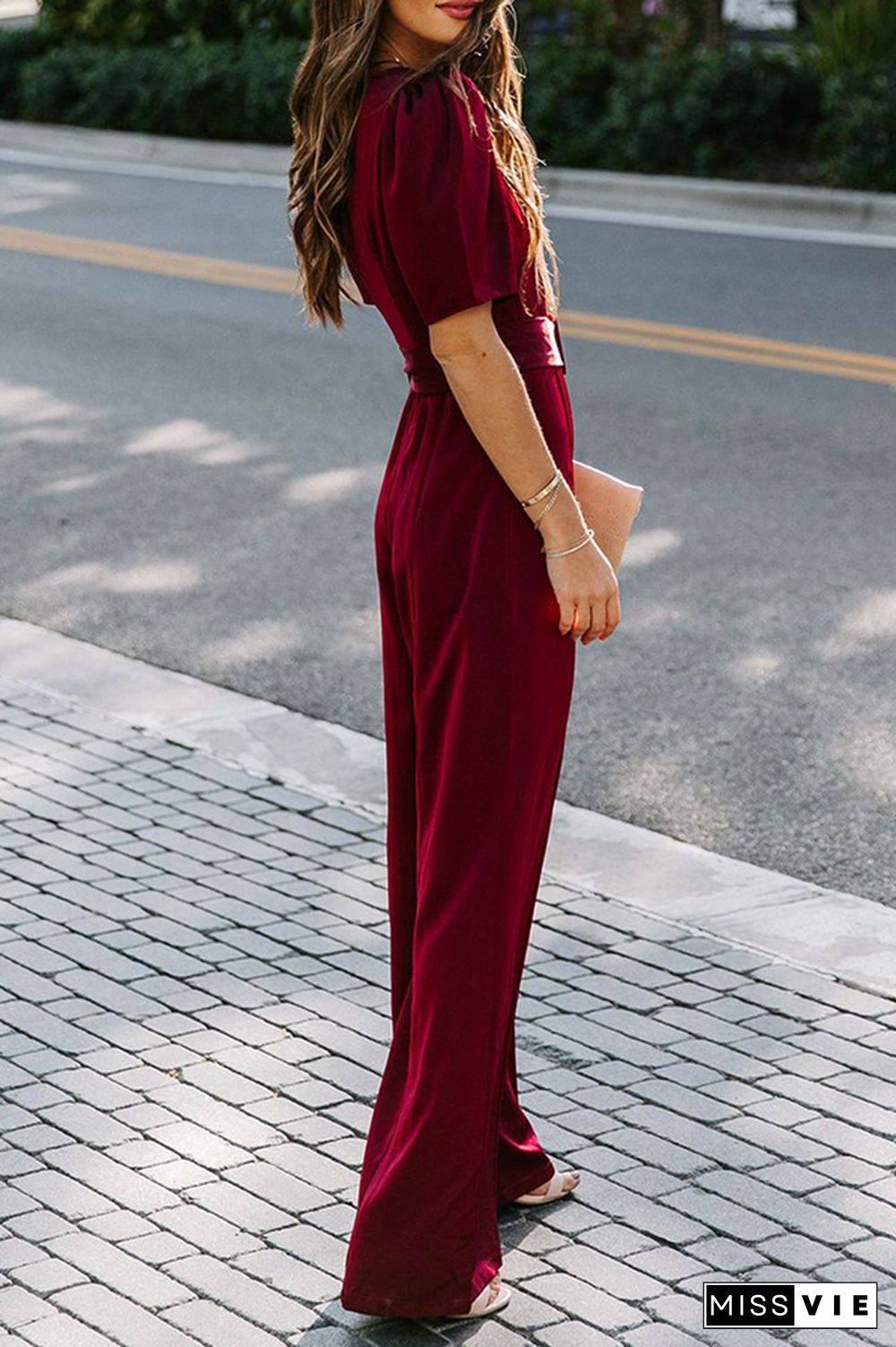 Fashion Elegant Solid Fold With Belt Square Collar Jumpsuits