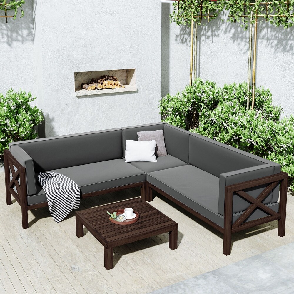 Outdoor Wood Patio Backyard 4 Piece Sectional Seating Group with Cushions and Table X Back Sofa Set for Small Places