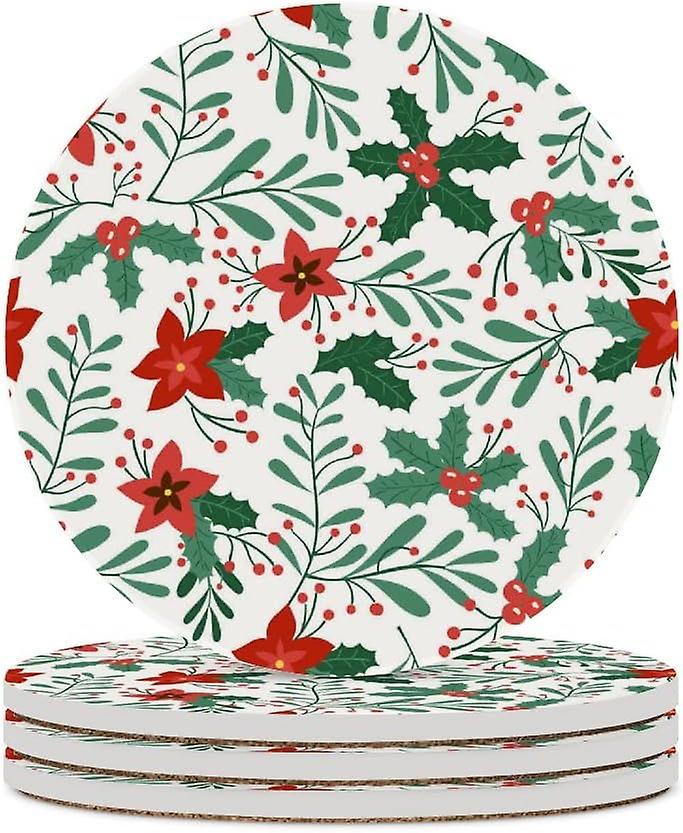 1pc Round Green Branch With Christmas Flower Ceramic Coasters With Cork-backed For Coffee Drink Cup Mat Absorbent Stone Coasters