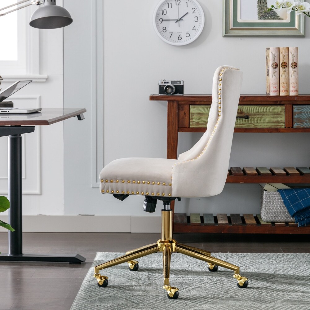 Swivel Computer Chair Beige Adjusatble Seat Tufted Button Home Office