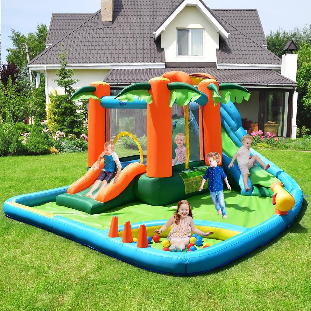 Costway Multi-Color Inflatable Bounce House Kids Water Splash Pool Dual Slide Jumping Castle with Bag OP70057