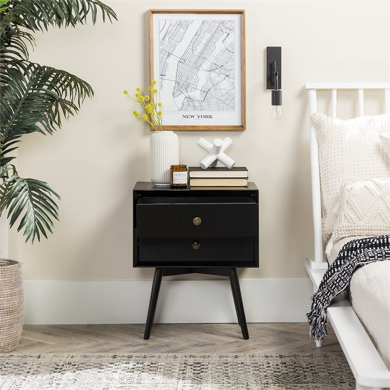 Mid Century Modern 2-Drawer Bedroom Nightstand in Black