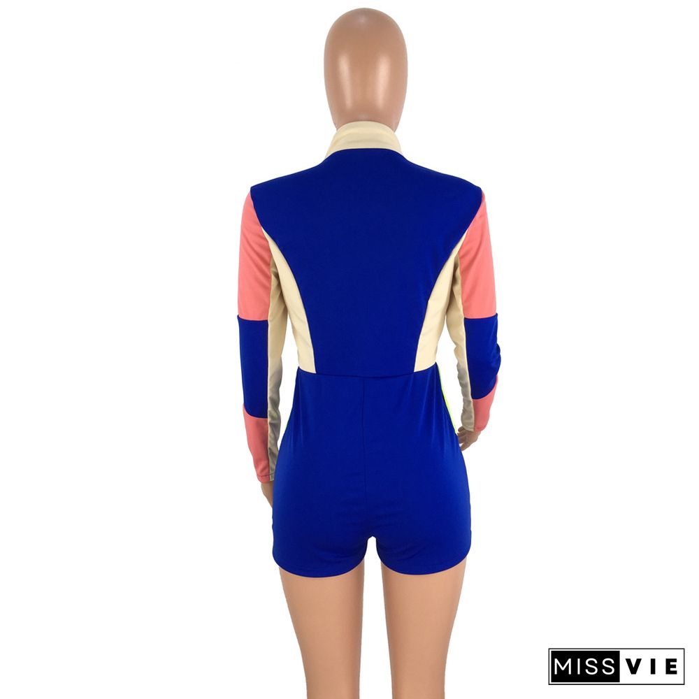 Sexy Color Spliced Long Sleeve Zipper Slim Romper