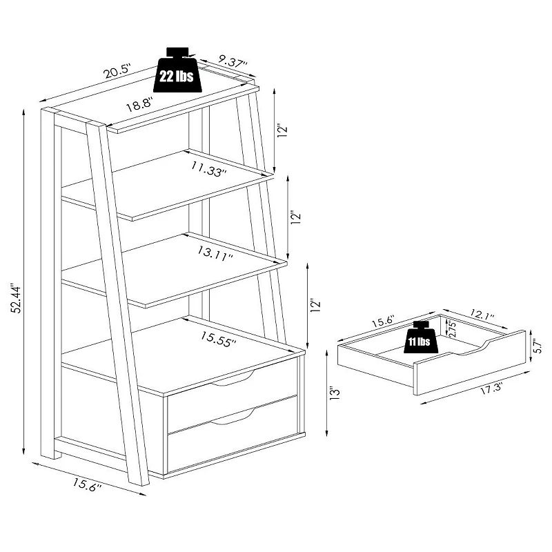 4-Tier Ladder Bookshelf Storage Display with 2 Drawers