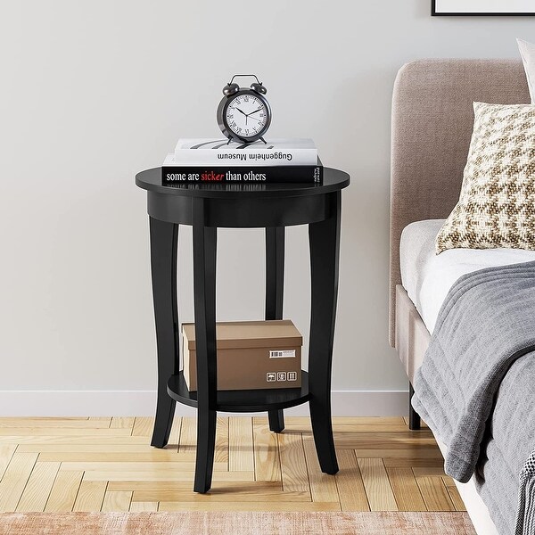 End Table Living Room Small Side Table with 2-Tier Storage Shelves，Round Bedside Tables