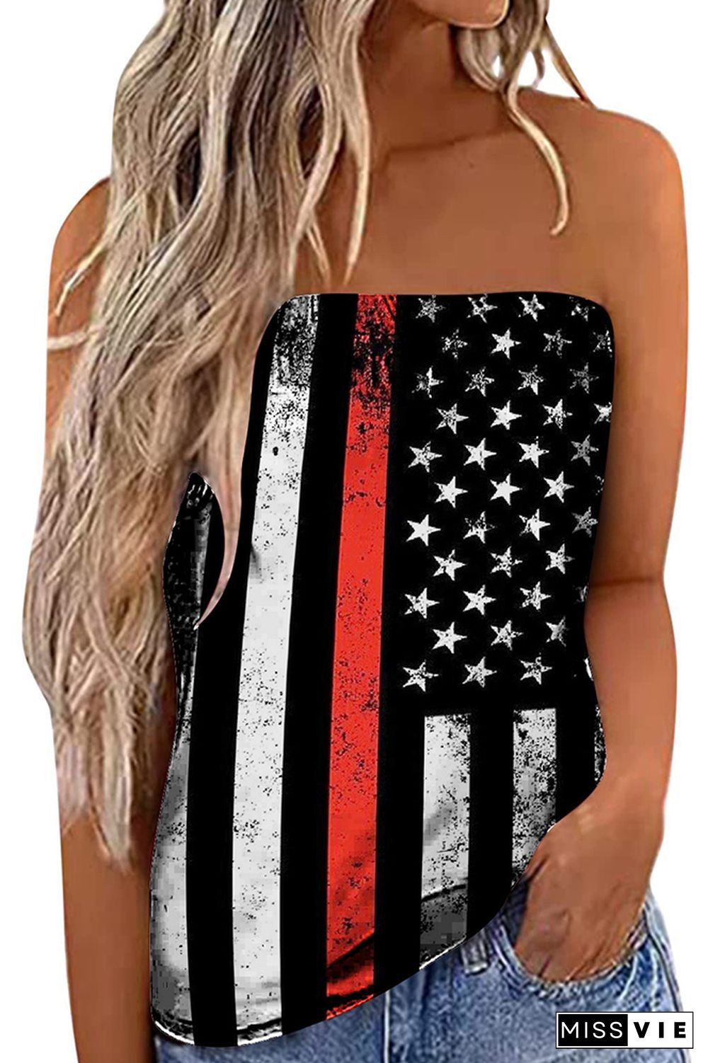 Off Shoulder Striped and Flag Print Bandeau Tank Top Wholesale