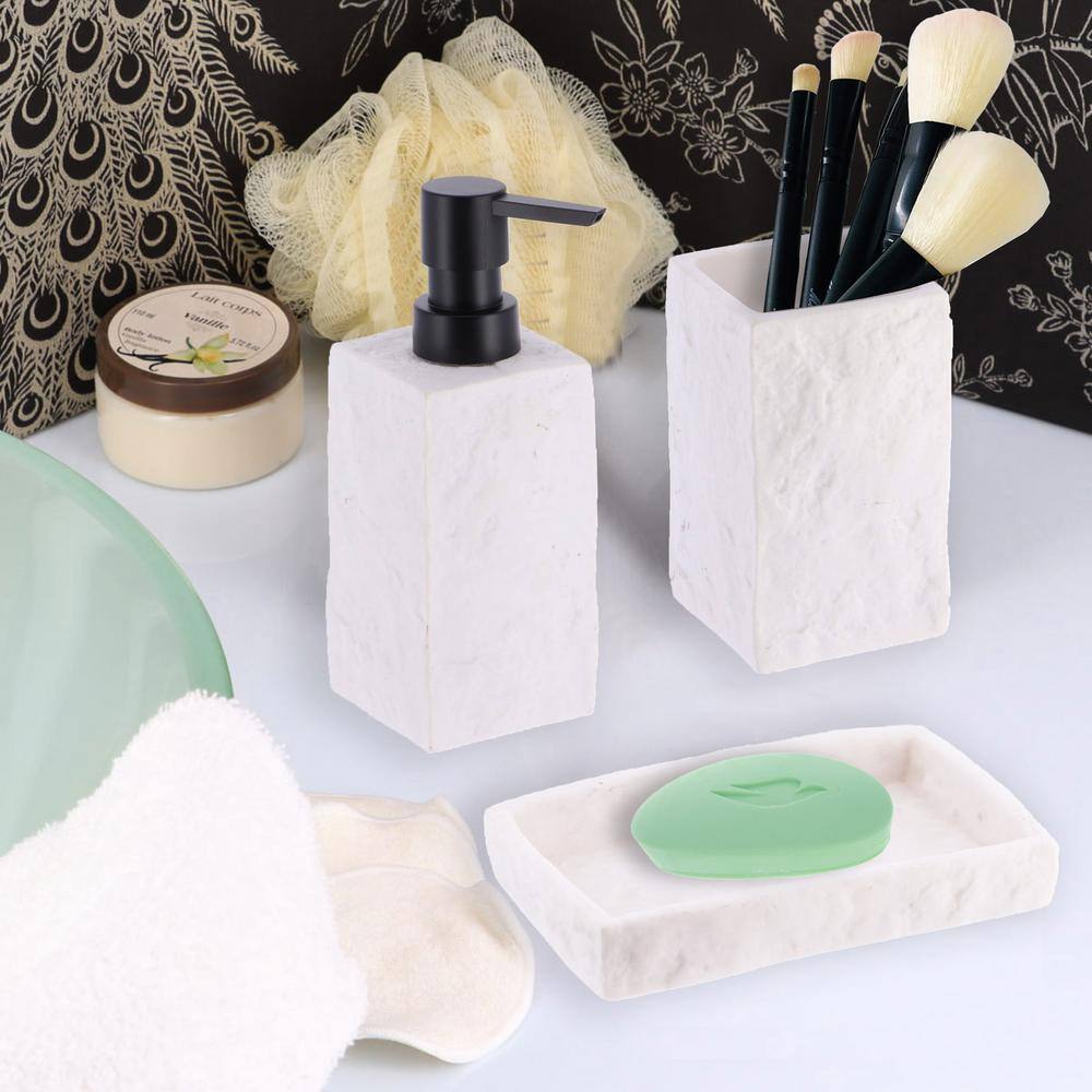 Stone 4-Pieces Bath Accessory Set with Soap Pump Tumbler Soap Dish and Toilet Brush Holder in Polyresin White SET4STONE100