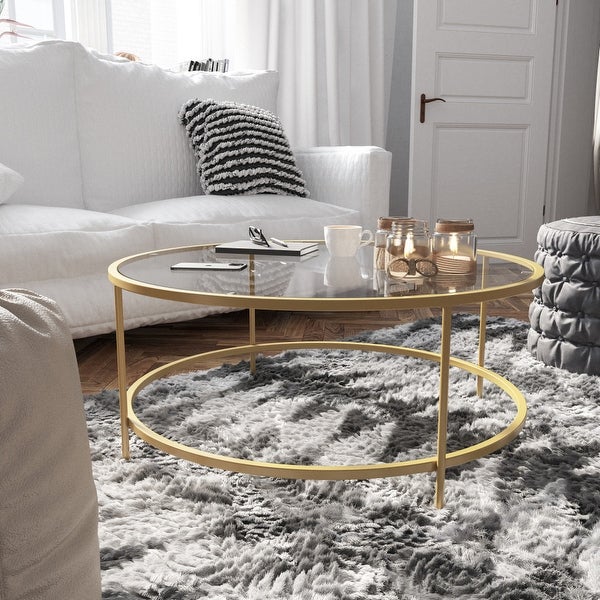 Glass Living Room Coffee Table with Round Metal Frame