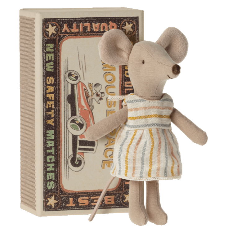 Big Sister Mouse in Matchbox - Striped Dress by Maileg