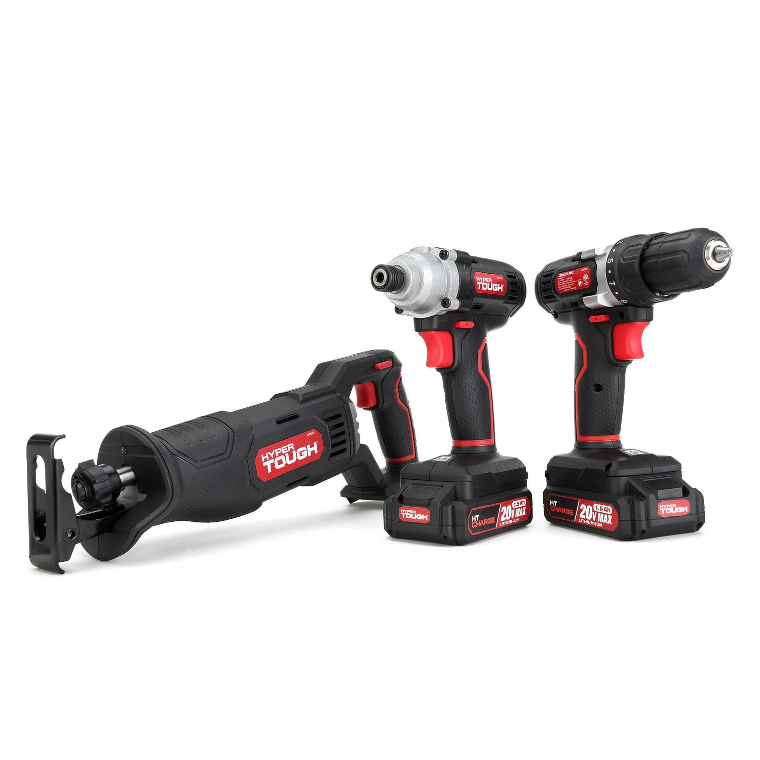 Hyper Tough 3 Tool Piece Set 20V Max Cordless Combo Kit with 3/8 inch Drill， 1/4 inch Impact Driver， Recip Saw with 2 1.5Ah Lithium-ion Batteries， Charger， Wood Blade， Built-in LED Light and Bag