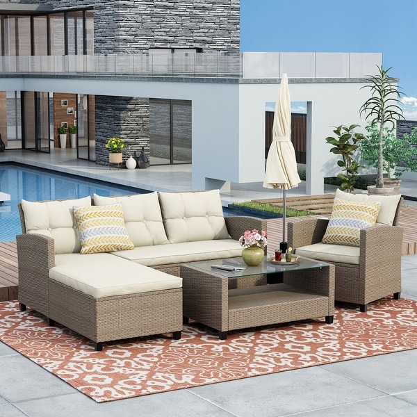 4 Piece Outdoor Patio Furniture Sets，Conversation Set Wicker Ratten Sectional Sofa with Seat Cushions(Beige Brown)