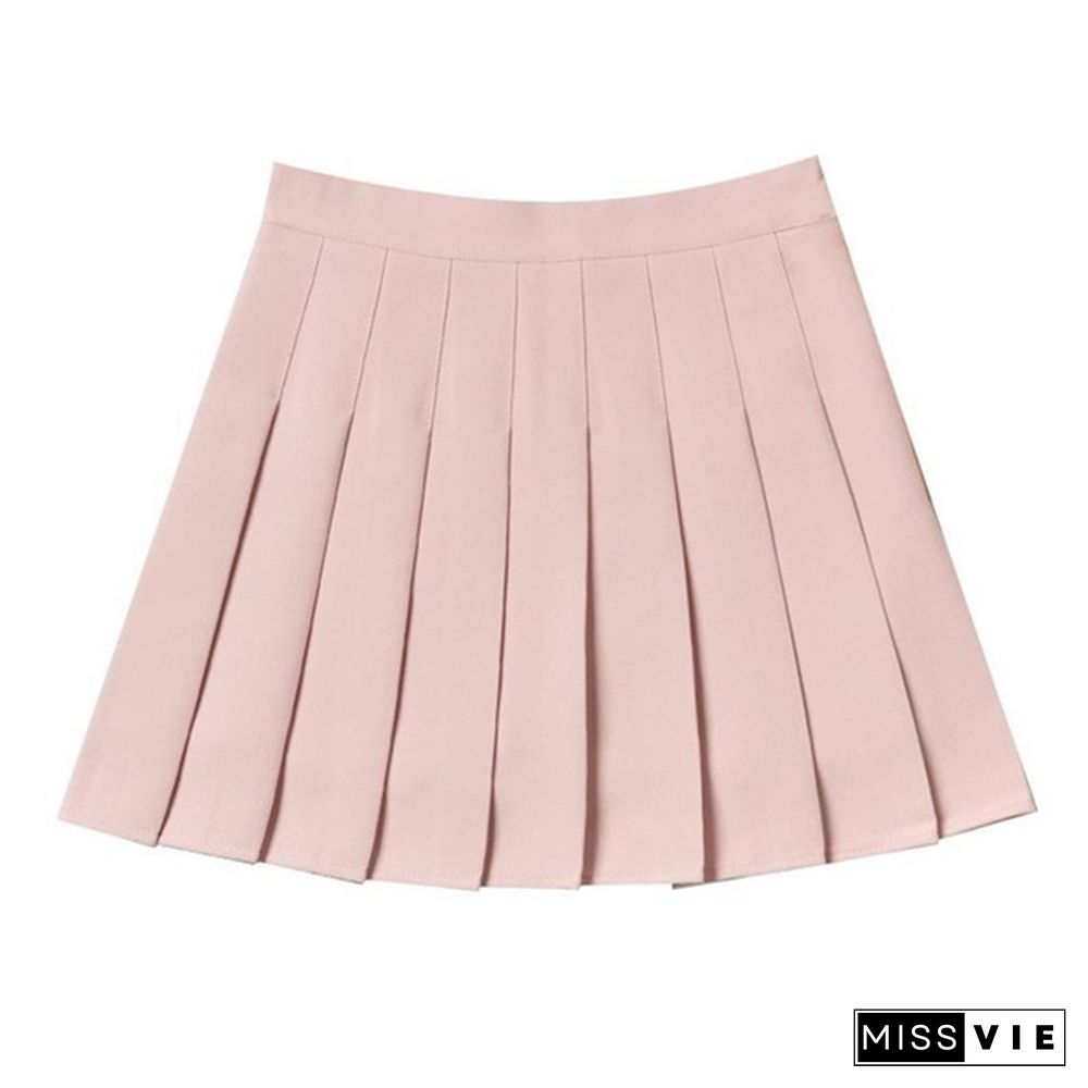 Women High Waist Mini Skirt School Short Pleated Skirt Female Summer Solid Color Skirt