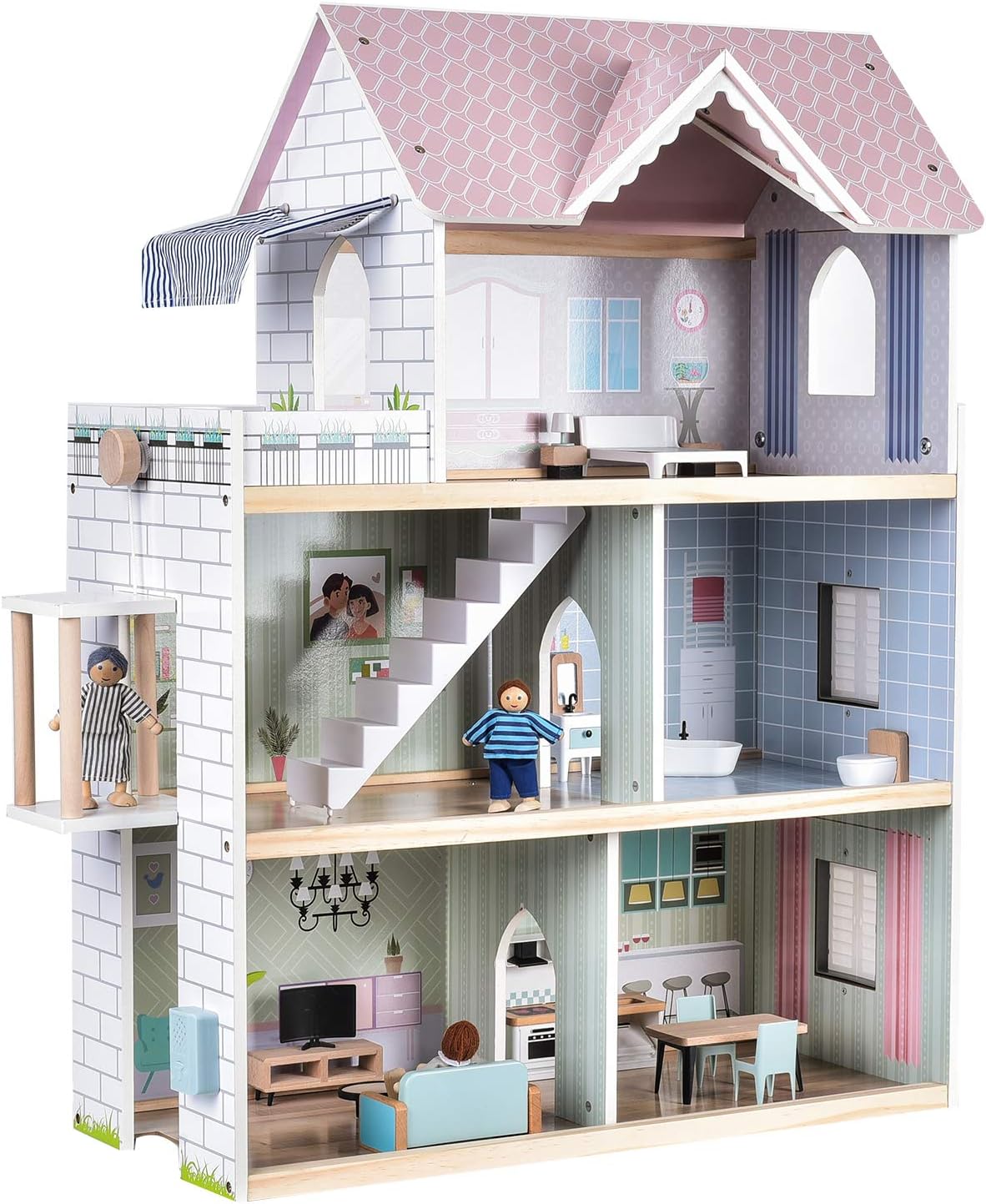 Giant bean Wooden Dollhouse 2.6 feet High with Elevator， Doorbell， Light，15 Pieces Furnitures and 3 Dolls， Toy Gift for Girls Ages 3-7+