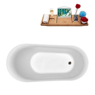 Streamline 59 in. Acrylic Flatbottom Freestanding Bathtub in Glossy White with Brushed Nickel Drain N290BNK