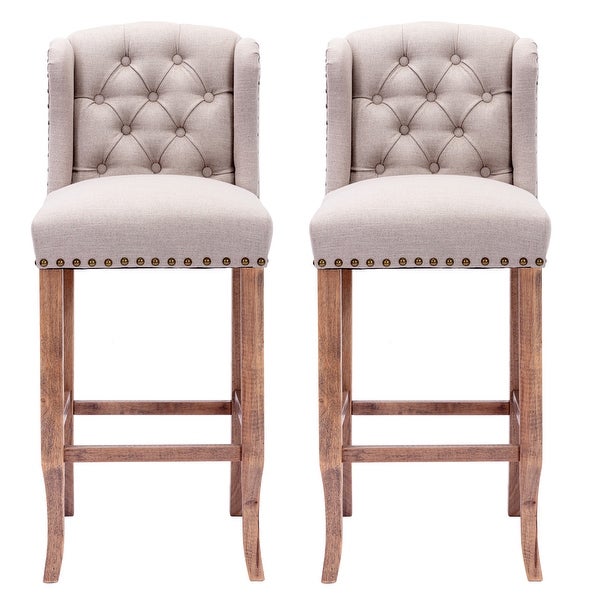 30 Inches Seat Height Bar Chairs Set of 2，Wing Back Farmhouse Nailhead Trim Upholstered Bar stools in Cream