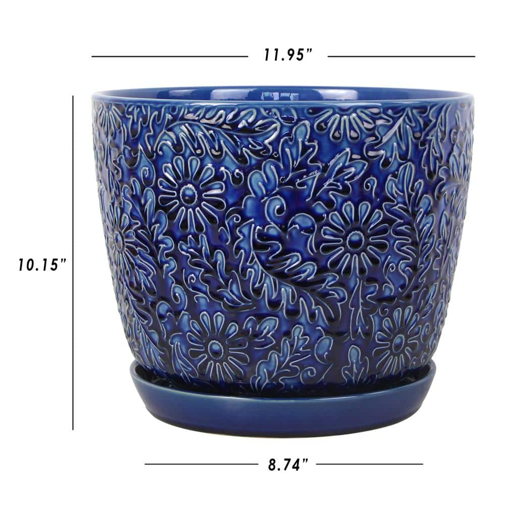 Vigoro 12 in. Lillian Blue Floral Decor Glazed Ceramic Planter (12 in. D x 10.2 in. H) with Drainage Hole and Attached Saucer HUCR02386S-12M