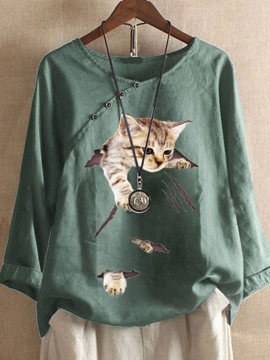 Round Neck Casual Loose Cat Print Long Sleeve Blouse