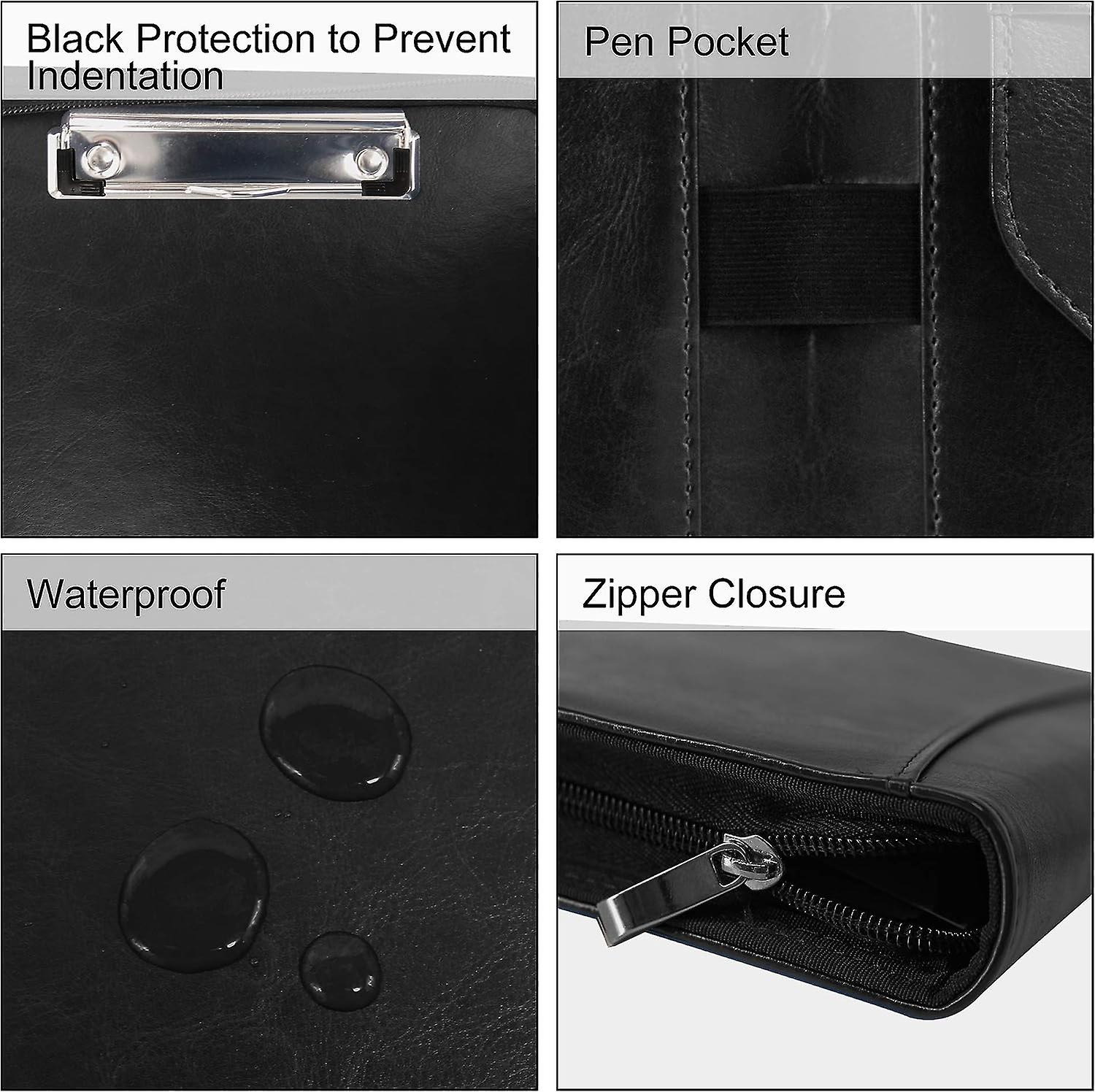 Business Zippered Portfolio Padfolio Pu Leather Folder Interview Resume Legal Document Organizer With A4 Size Black Clipboard