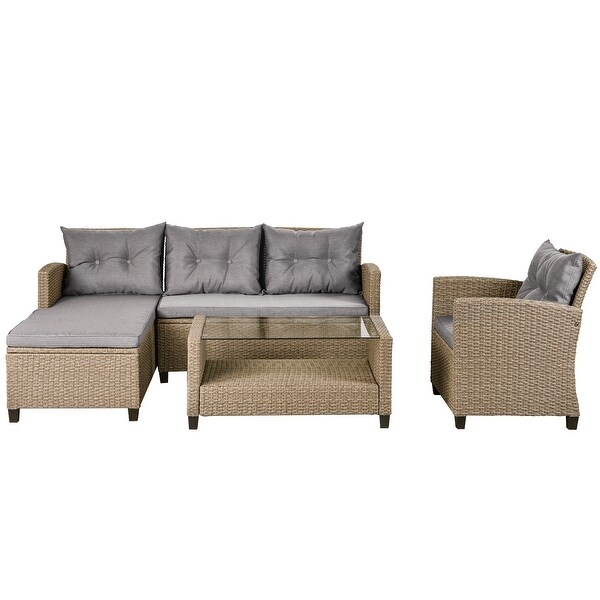 4 Piece Conversation Set Wicker Ratten Sectional Sofa with Seat and Table - Overstock - 37540854