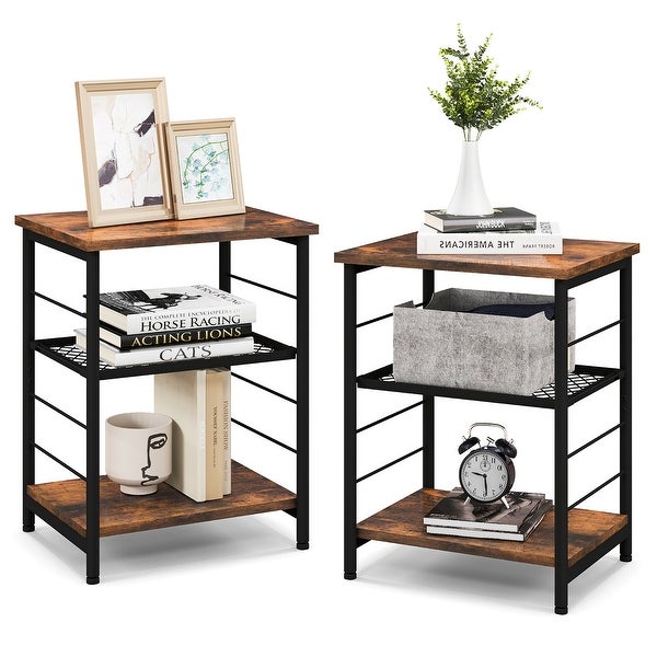 Costway 2 PCS 3-Tier Side End Table with Adjustable Mesh Shelf Narrow - 15'' x 12'' x 20'' (Lx Wx H)