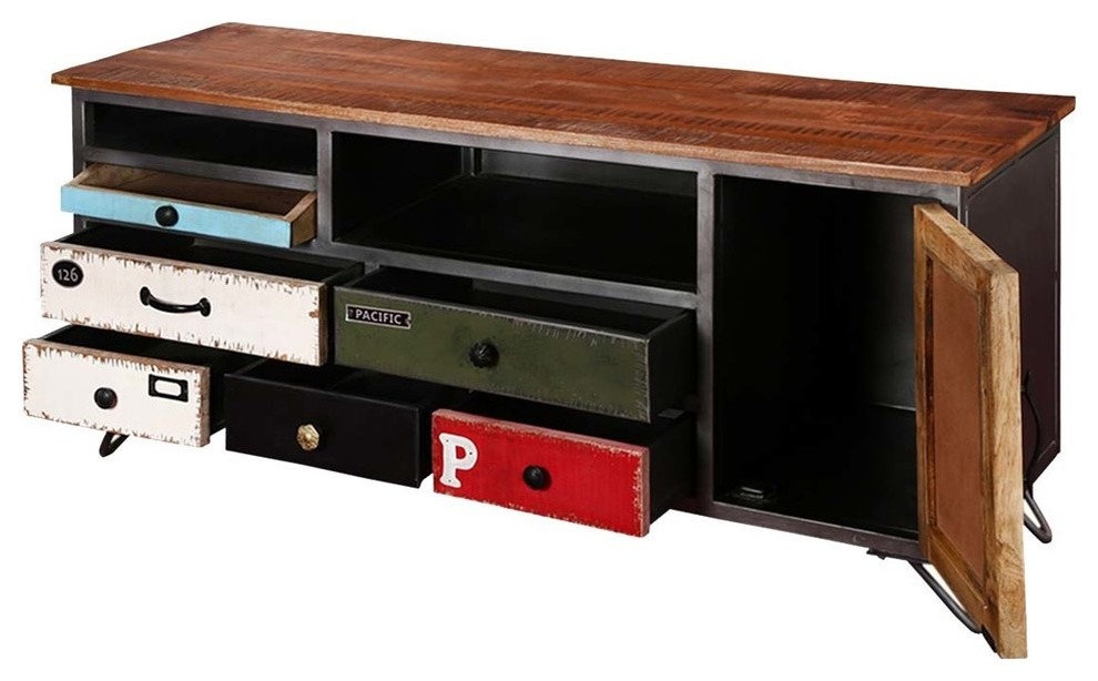 Industrial Pop Art Rustic Mango Wood  ampIron Accent Media Console   Industrial   Entertainment Centers And Tv Stands   by Sierra Living Concepts Inc  Houzz