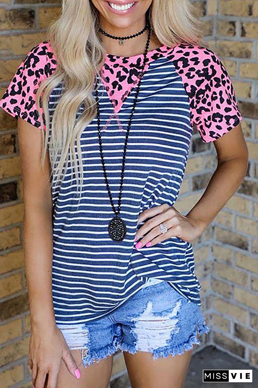 Leopard Stripe Splicing O-neck Tee