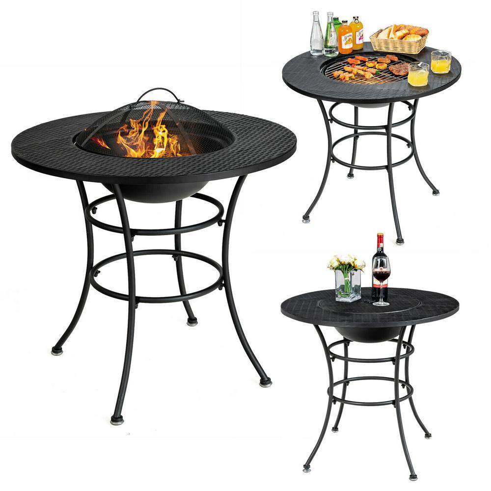 Gymax Black Patio Round Metal Fire Pit Dining Table Charcoal Wood Burning Cooking BBQ Grate GYM09297