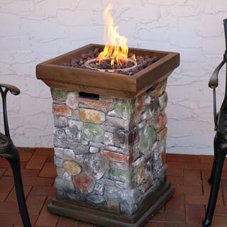 Sunnydaze Decor 30 in. Square Fiberglass Rock Column Design Propane Gas Fire Pit WAR-955