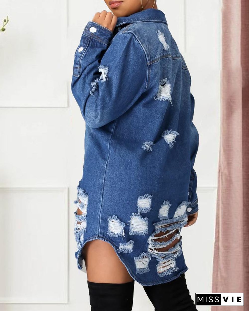 Pocket Design Fringe Hem Cutout Denim Shirt Dress P14085