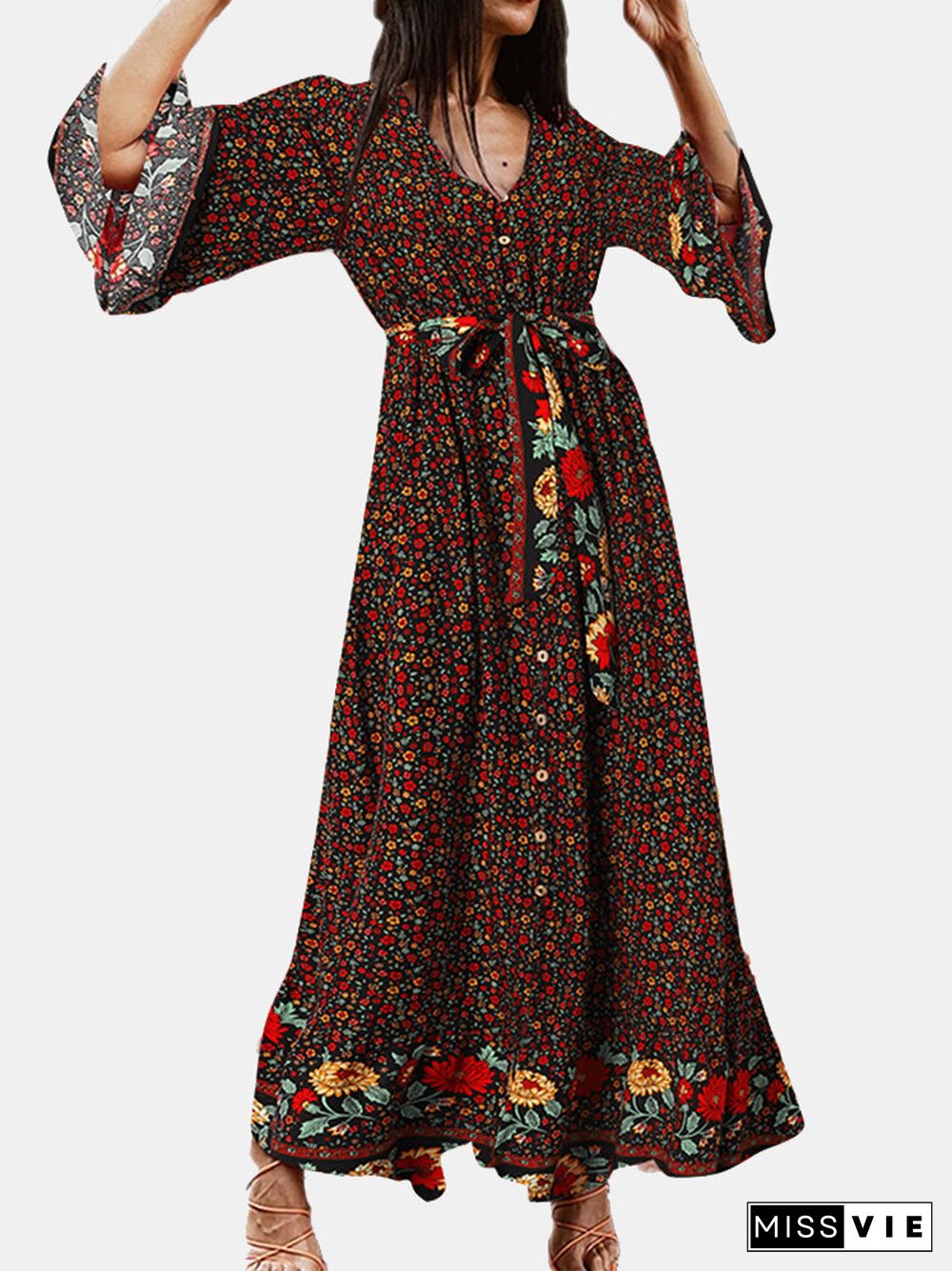 Bohemian Floral Print Belt Ruffle Sleeve Maxi Dress