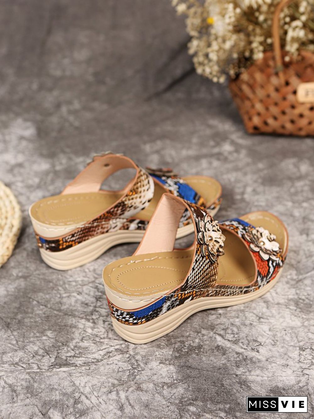 3D Floral Snake Print Wedge Sandals Slippers