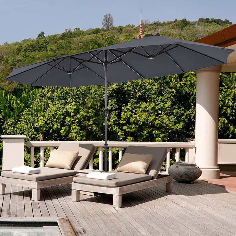 15FT Double-Sided Twin Patio Umbrella with Base & Crank System, Extra-Large Cantilever Market Umbrella