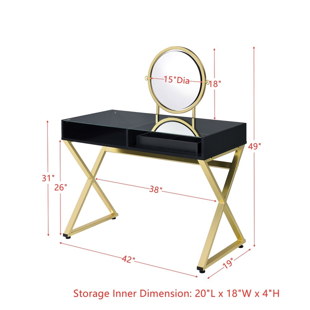 Gold Finish Vanity Desk with Mirror and Jewelry Tray