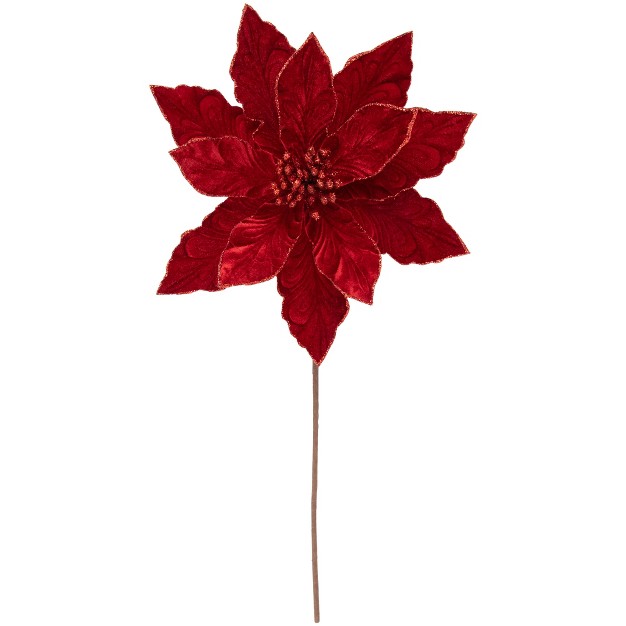 Red Glittered Velvet Poinsettia Christmas Stem Spray