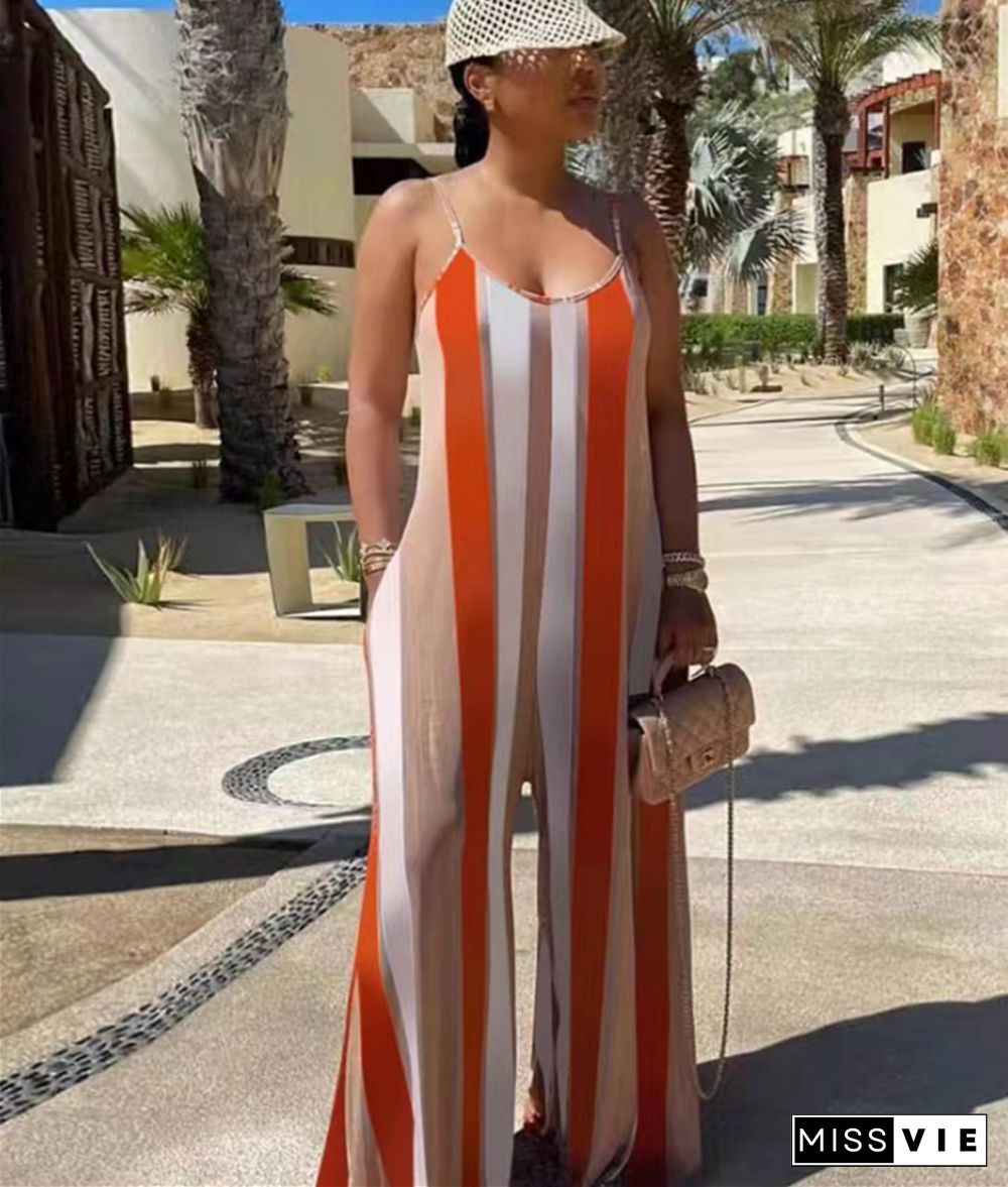 Striped Sleeveless Loose Wide Leg Jumpsuit with Pockets