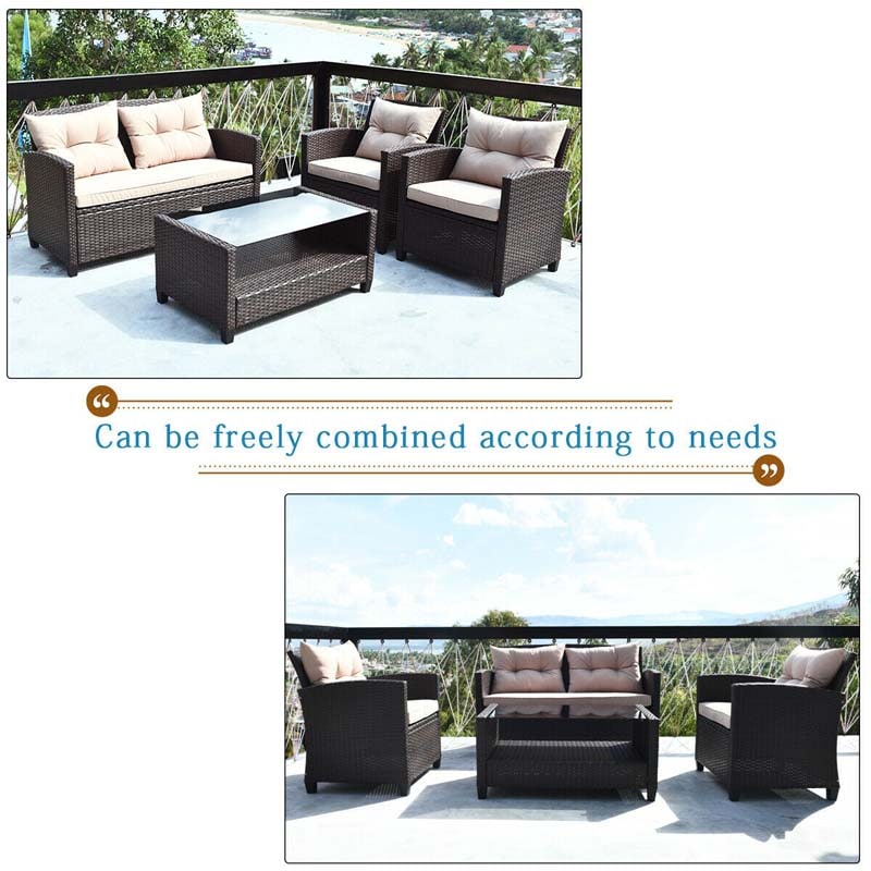 4 Pcs Rattan Patio Furniture Conversation Set Outdoor Wicker Sofa Set with Lower Shelf Coffee Table