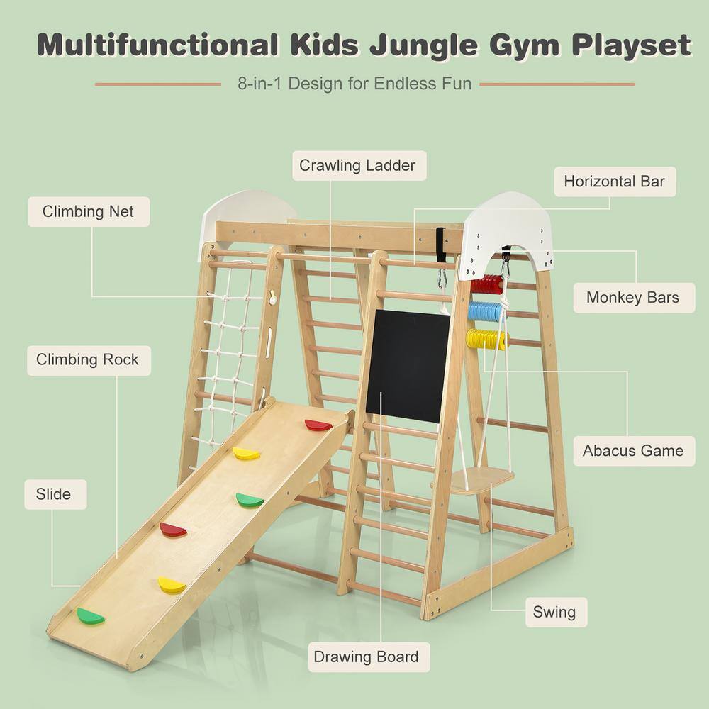 Costway Natural Indoor Playground Climbing Gym Kids Wooden 8-in-1 Climber Playset for Children TY328218NA+