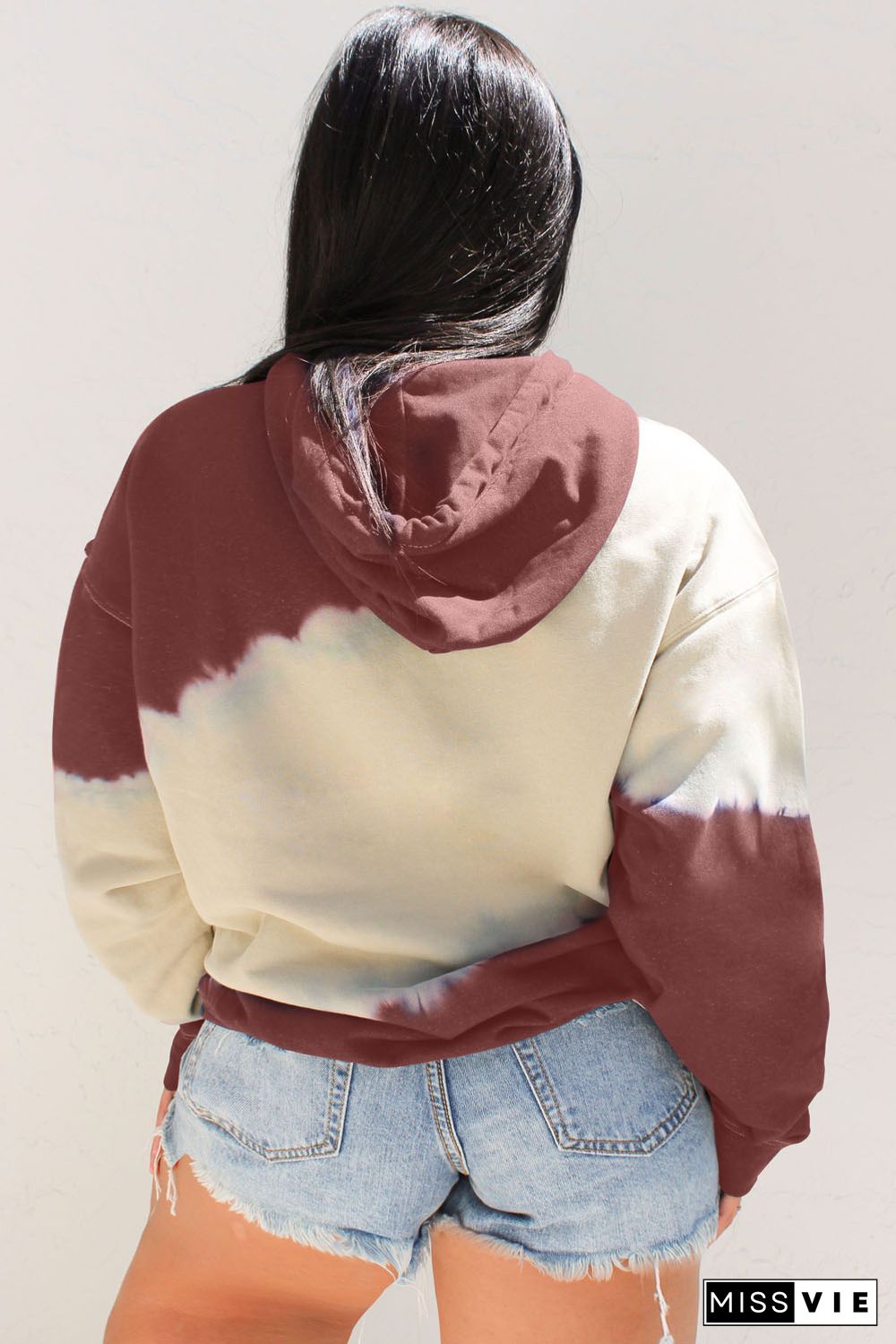 Wine Red Tie Dyed Color Block Plus Size Hoodie