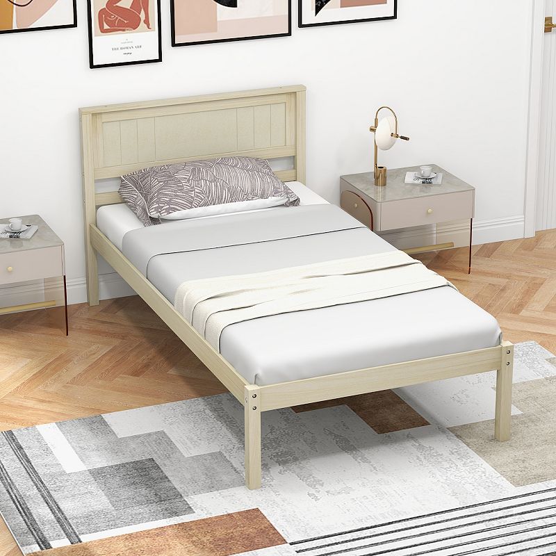 Wood Bed-Frame with Slat Support and Headboard