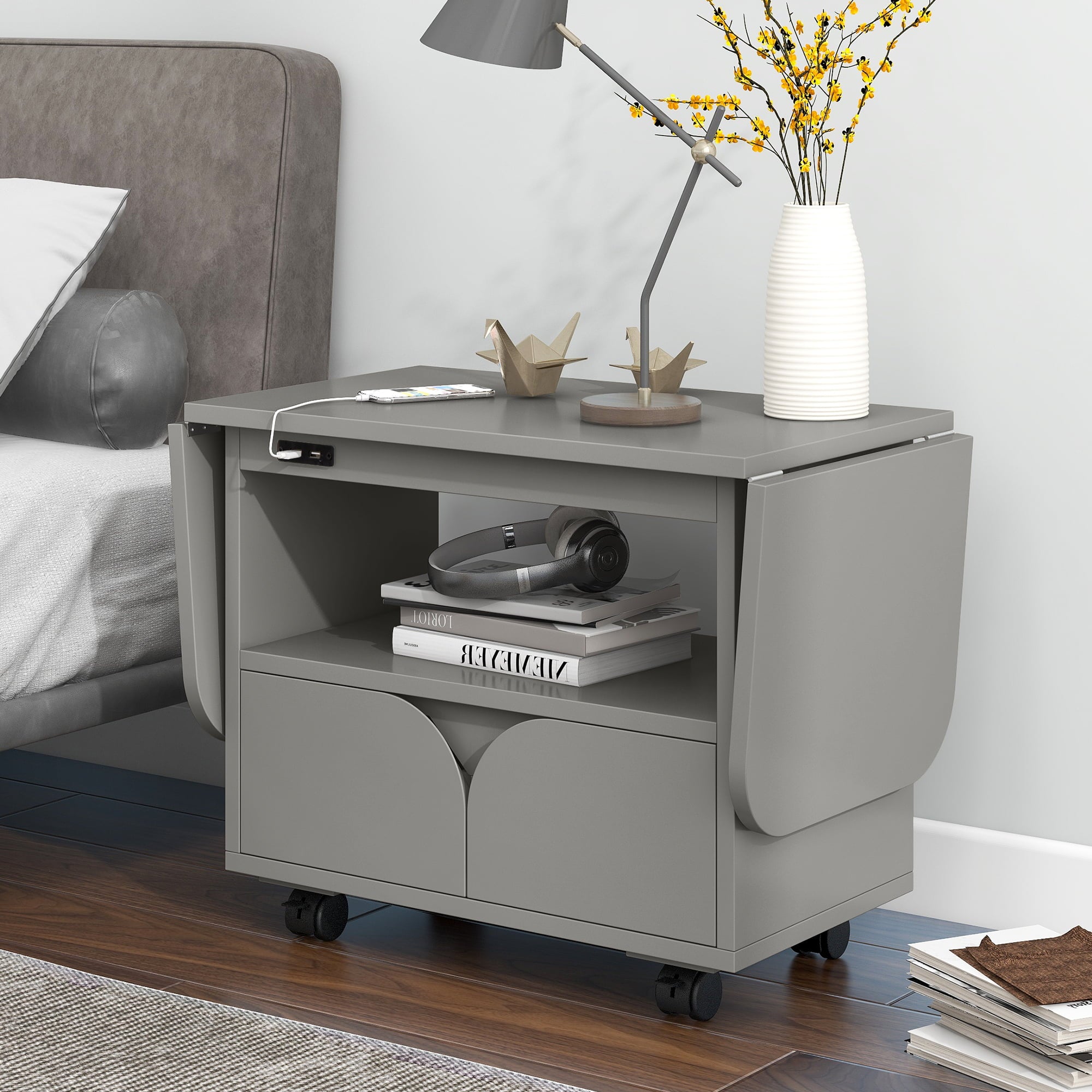 Modern Bedroom Nightstand with 2 Drawers, USB Charging, Gray