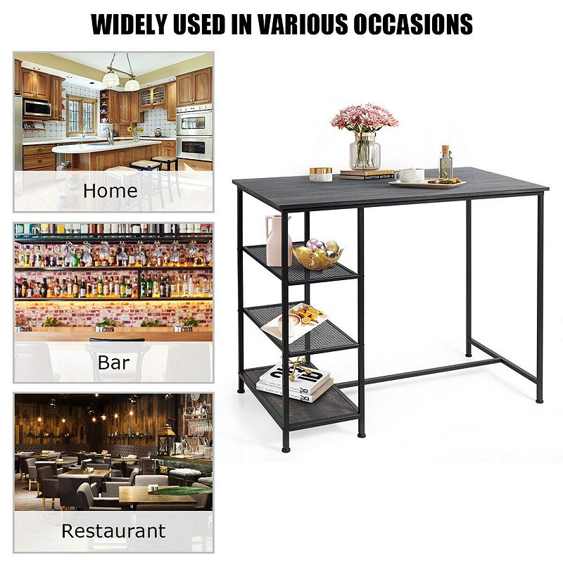 Industrial Dining Bar Pub Table with Metal Frame and Storage Shelves