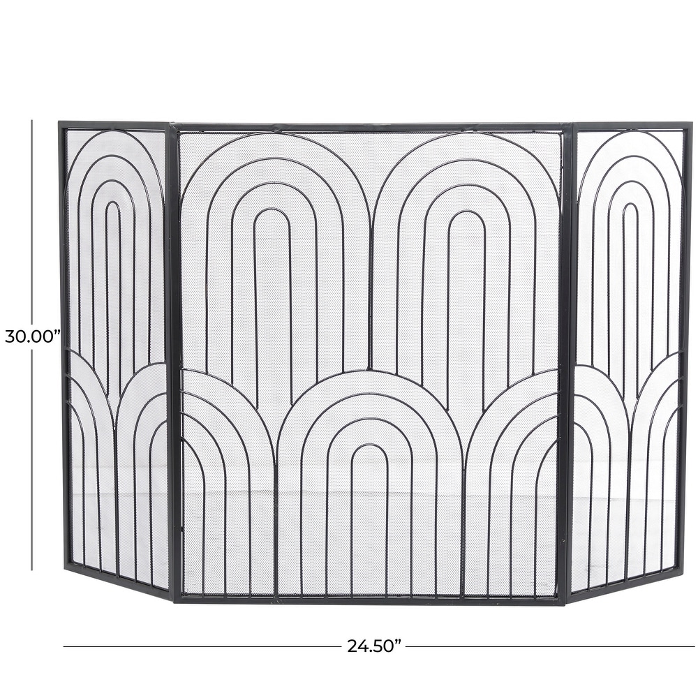 The Novogratz Black Metal Art Deco Inspired Foldable 3 Panel Geometric Fireplace Screen with Mesh Netting