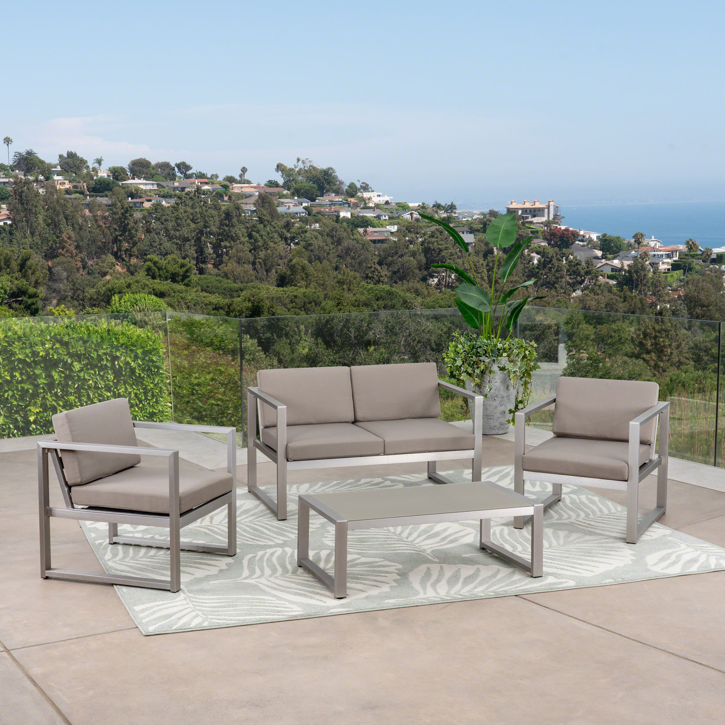 Noah Outdoor 4 Piece Silver Rust-Proof Aluminum Chat Set with Khaki Water Resistant Cushions