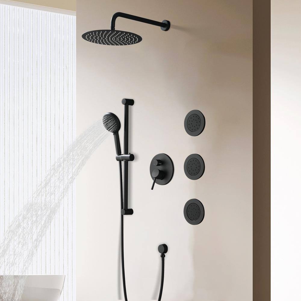 Satico 12 in. 2-Handle 3-Spray Wall Mount Pressure Balance Round Rainfall Shower System with Rough-In Valve in Matte Black WDGSS007