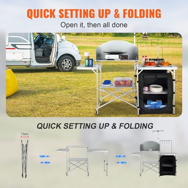 VEVOR Camping Kitchen Table Folding Portable Cook Station Long Aluminum Camping Table with Carrying Bag Side Tables and Shelves