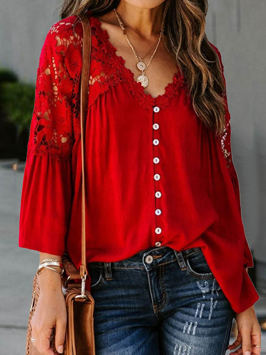 Casual Solid Color Patchwork Lace V Long Sleeve Shirt