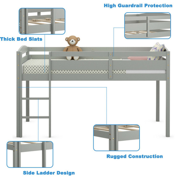 Costway 76945810 Wooden Twin Low Loft Bunk Bed wit...