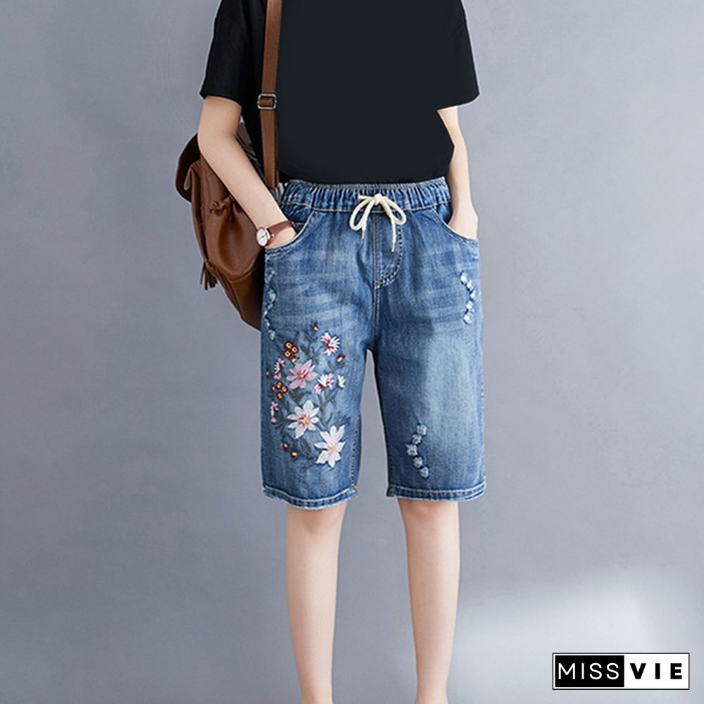 Women Summer Folk Style Elastic Waist Floral Embroidery Drawstring Ripped Shorts Female Office Lady Casual Loose Denim Short