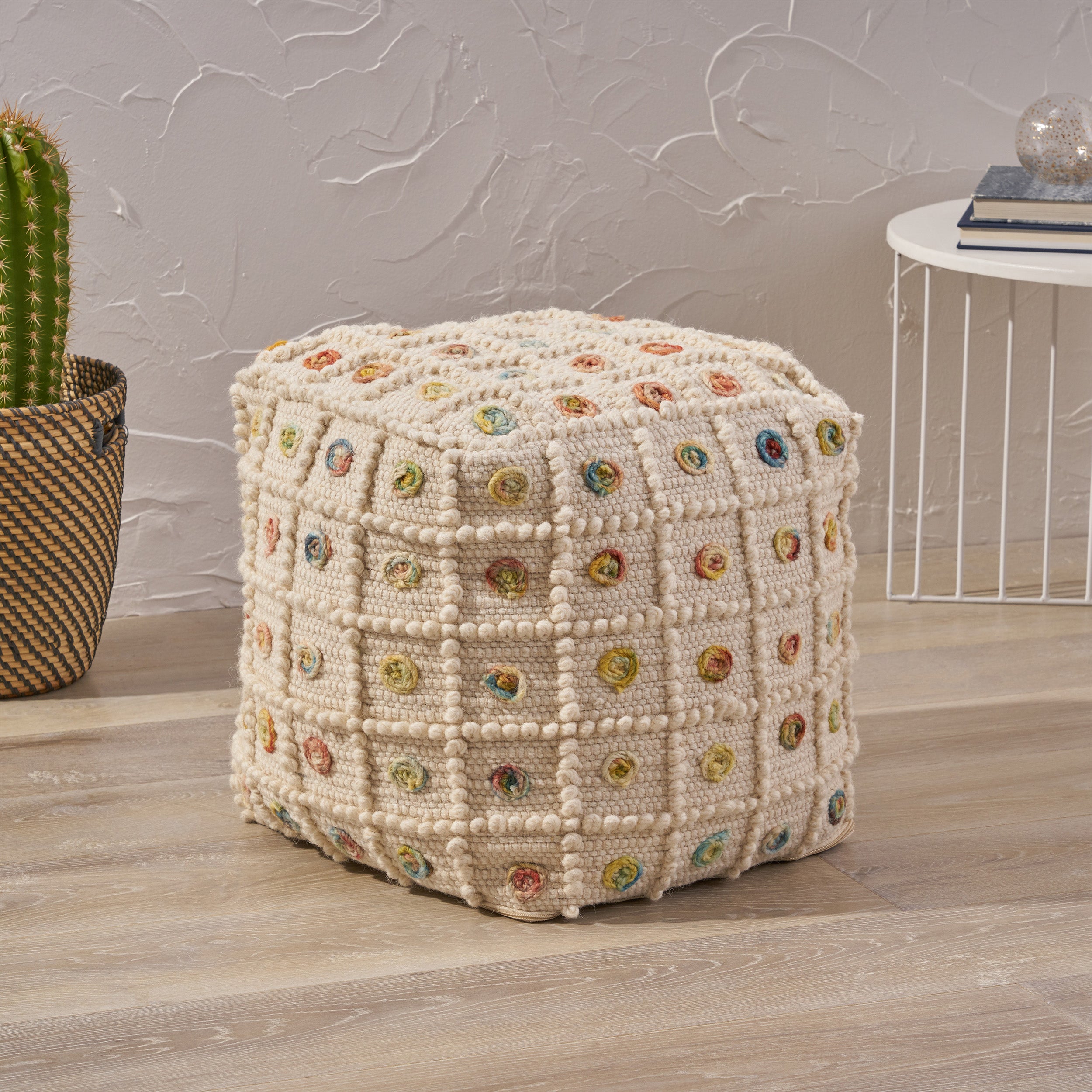 Jaceyon Boho Wool and Cotton Ottoman Pouf