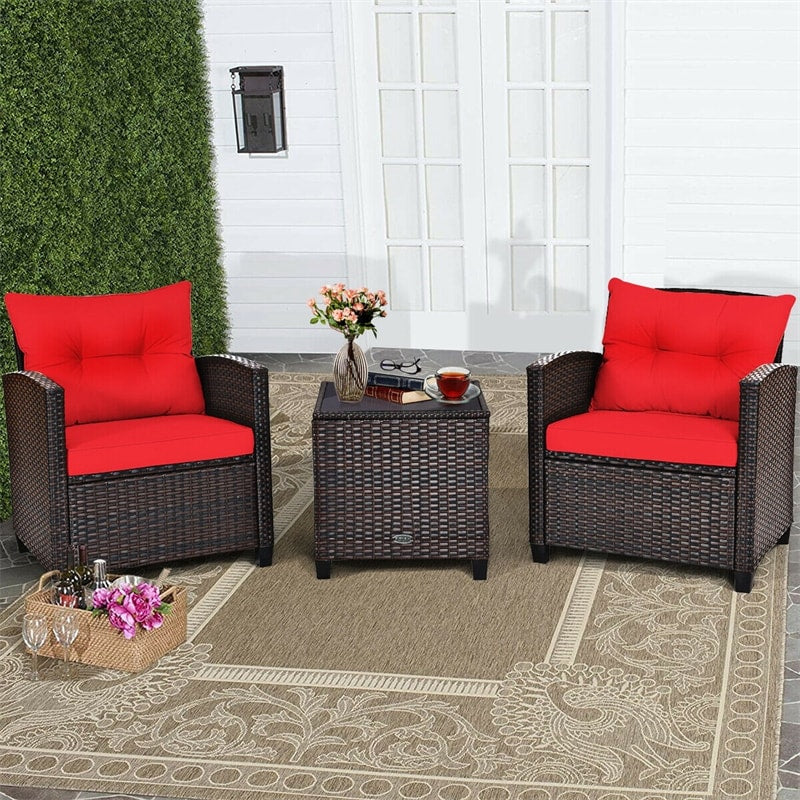 3 Pieces Patio Rattan Furniture Set Outdoor Wicker Conversation Set with Washable Cushion and Coffee Table